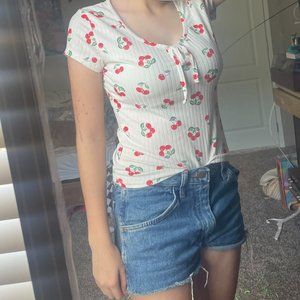 ribbed cherry printed blouse with tie front